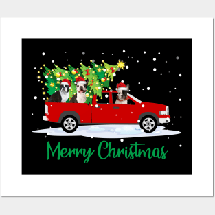 Car Red Truck Christmas Tree Funny Bully Dog Merry Christmas Posters and Art